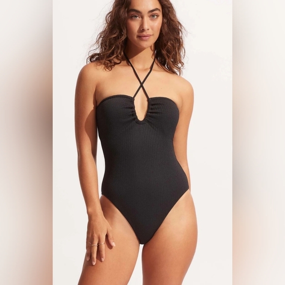 Seafolly Australia Sea Dive Bandeau One Piece - Black NWT size 10/L - Picture 1 of 12